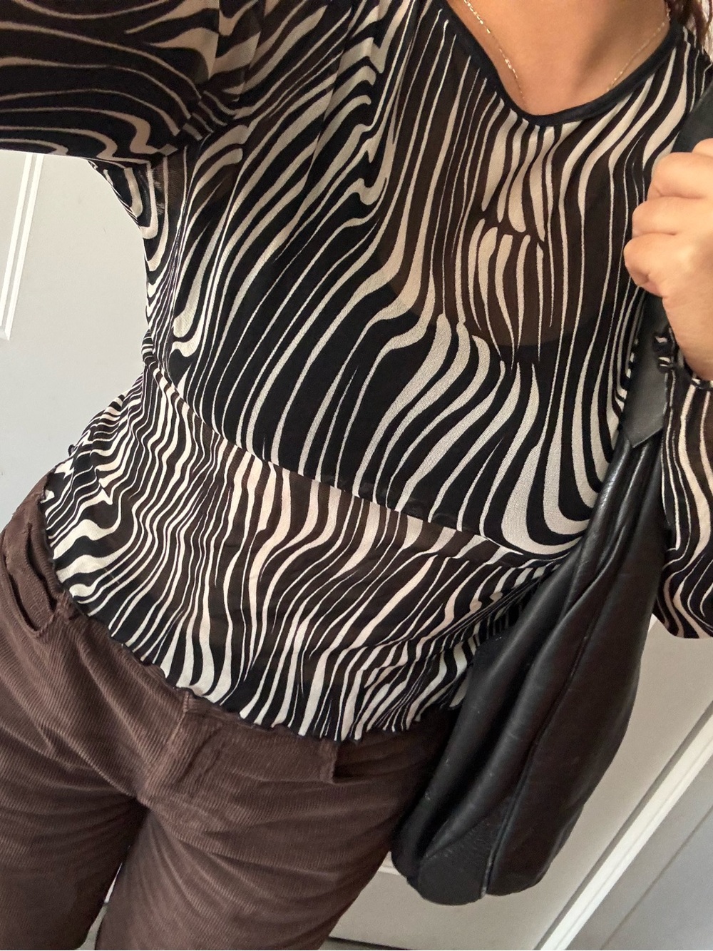 Danier zebra print Long Sleeve Mesh Top in Black & Cream Size L/G